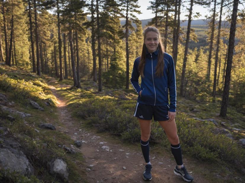 A woman wearing a dark blue sports jacket and shorts standing on a forest trail with tall pine trees around in a sunlit forest environment.