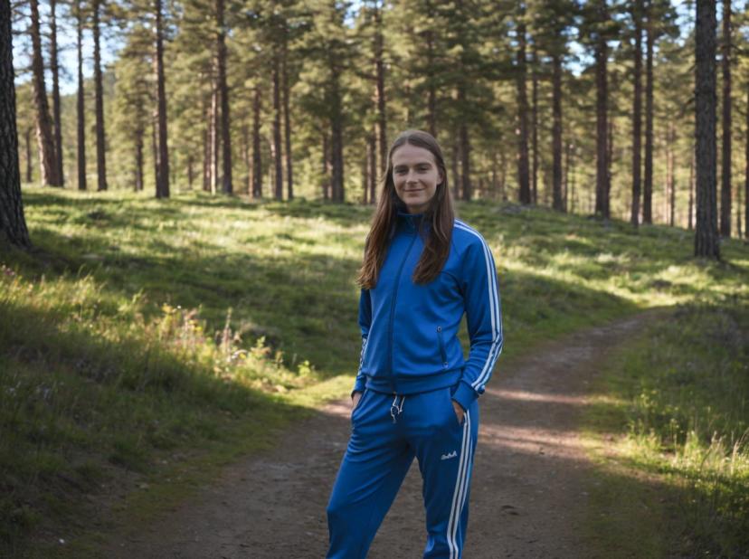 A woman standing on a dirt path in a forest wearing a blue tracksuit with white stripes. The background is a sunny forest with tall pine trees and dappled sunlight on the ground.