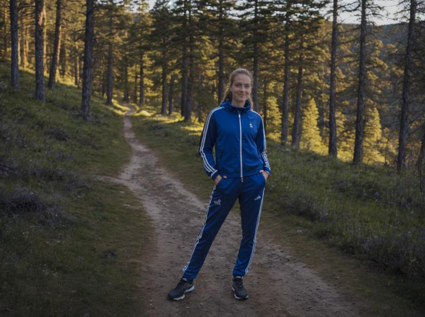 A woman in a blue and white tracksuit standing on a dirt path in a forest with tall pine trees during golden hour.