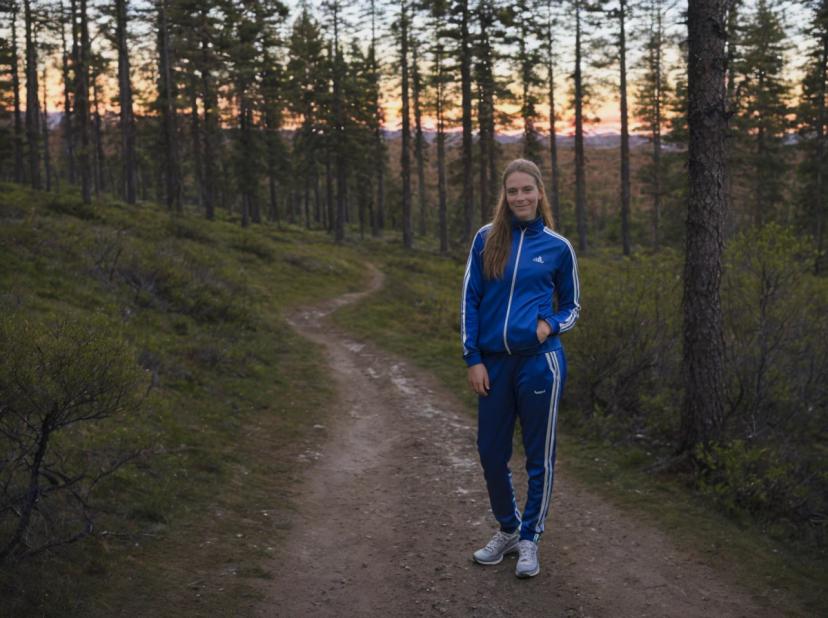 A woman in a blue tracksuit stands on a dirt trail in a forest during sunset. The trail winds through dense trees, and the sky has hues of pink and orange.
