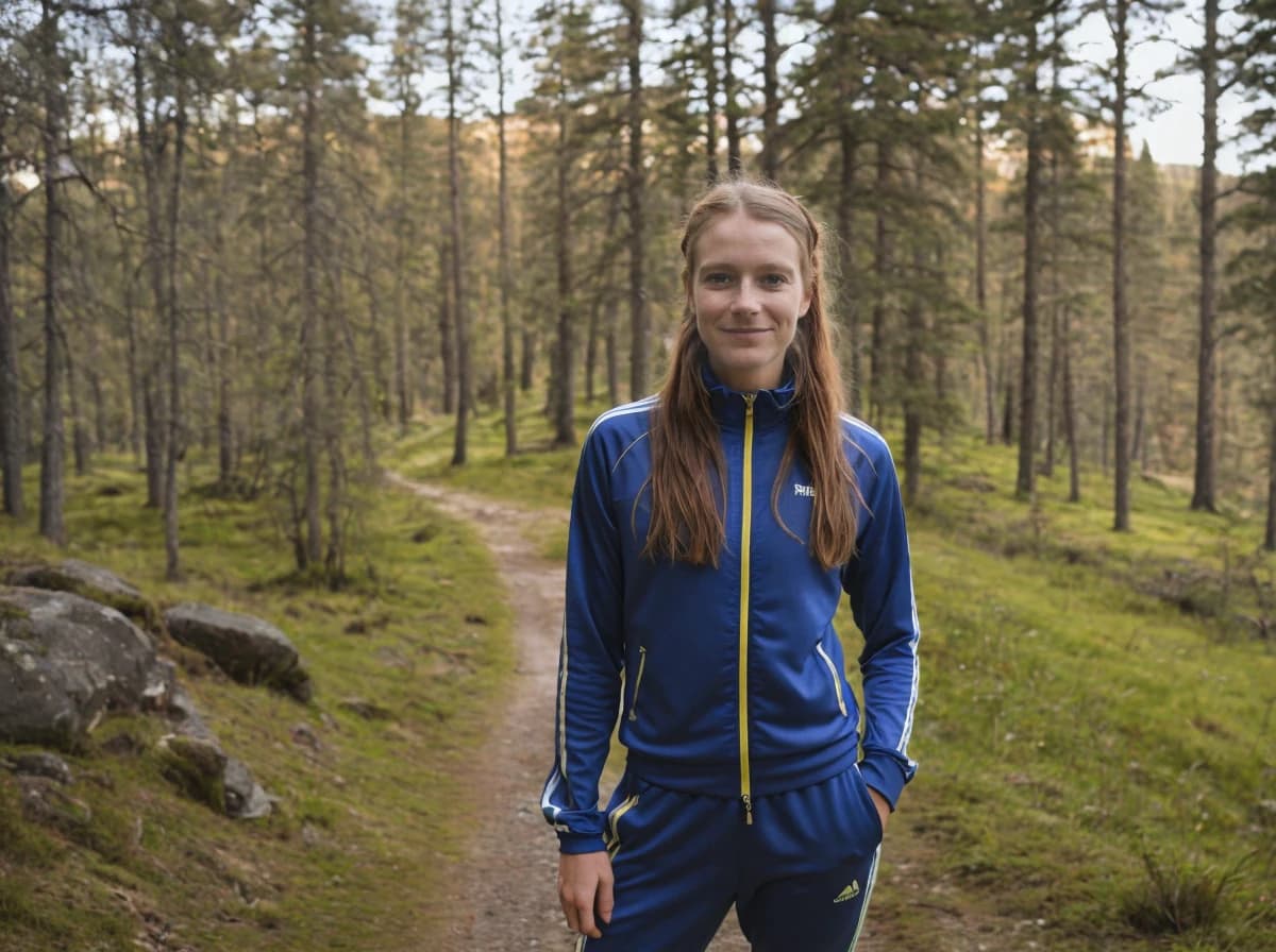 A woman in a blue and yellow tracksuit standing on a forest trail with tall pine trees in the background.