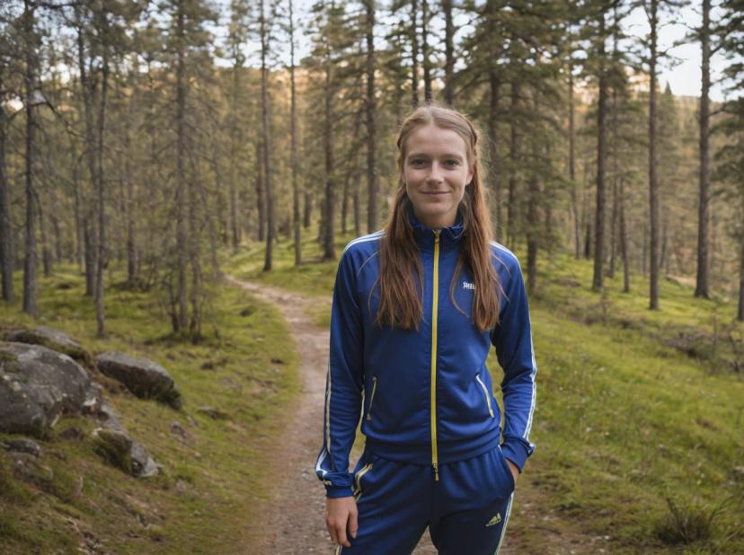 A woman in a blue and yellow tracksuit standing on a forest trail with tall pine trees in the background.