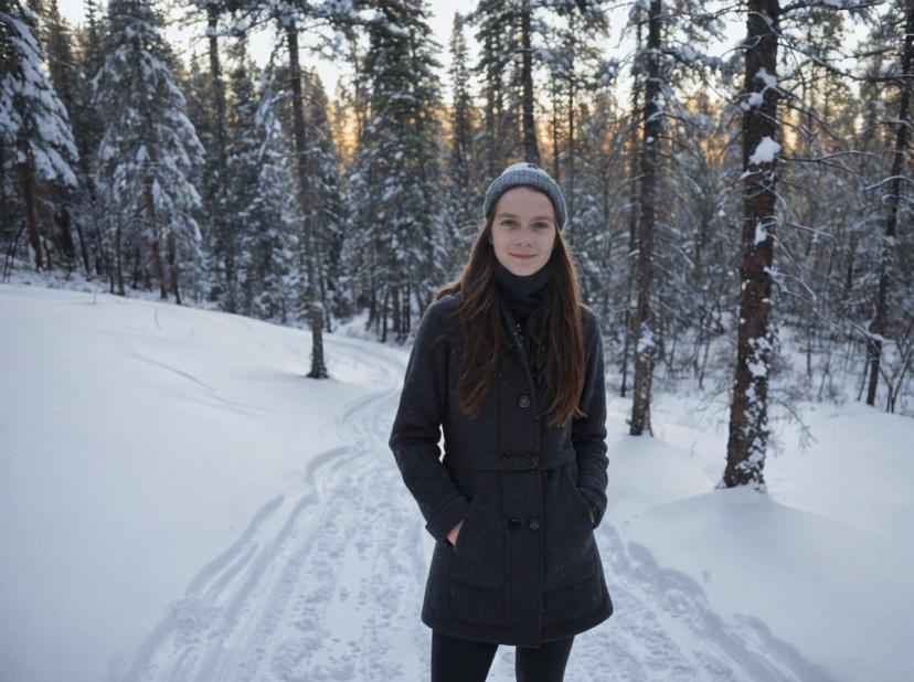 A woman in a dark coat and beanie standing in a snowy forest with tall pine trees and traces of a snowmobile in the snow. The sun is shining through the trees in the background.