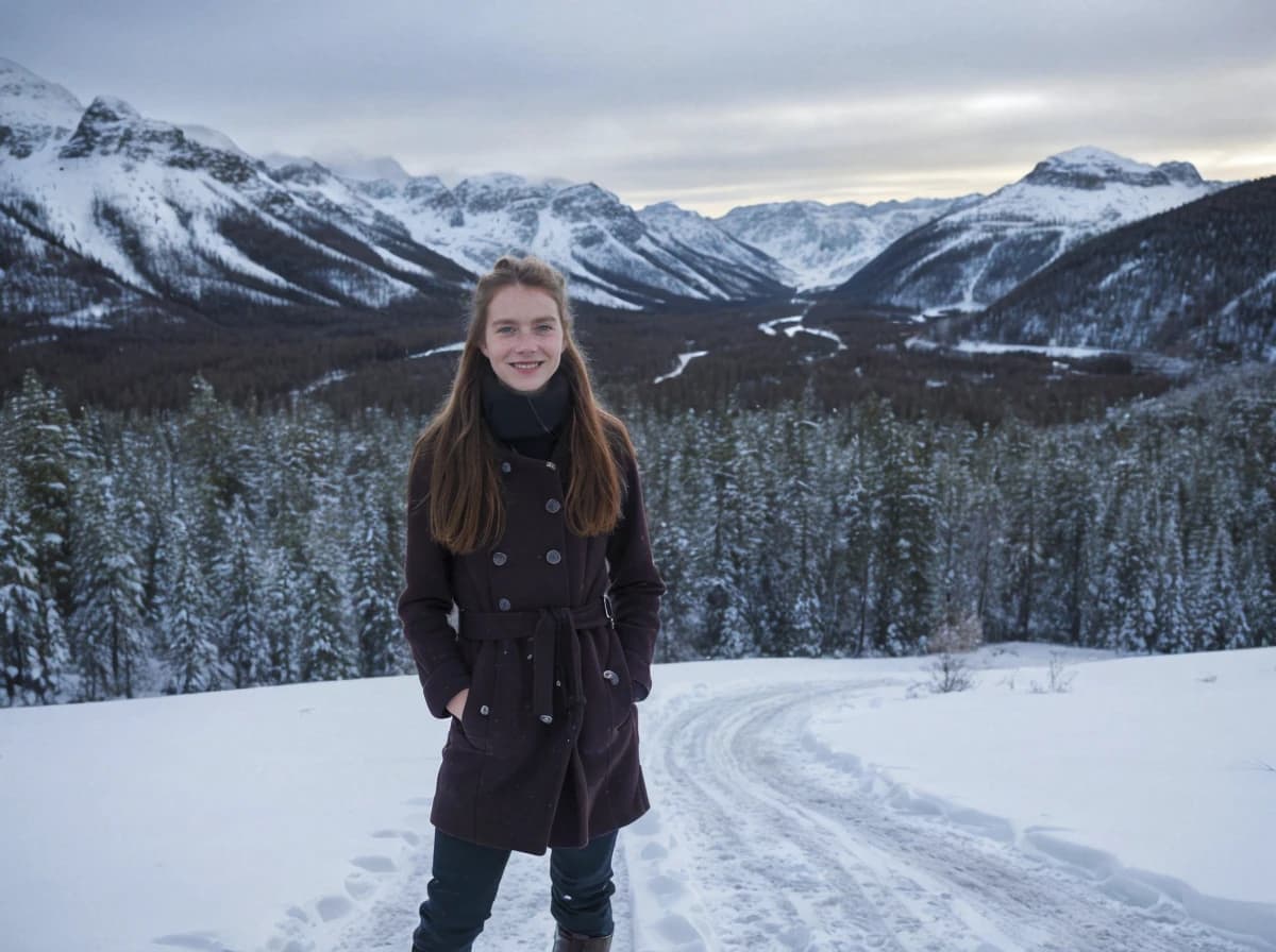 A woman wearing a dark coat stands in a snowy landscape with a backdrop of majestic snow-covered mountains and a forest of coniferous trees. There is a winding road covered with snow leading into the valley between the mountains.