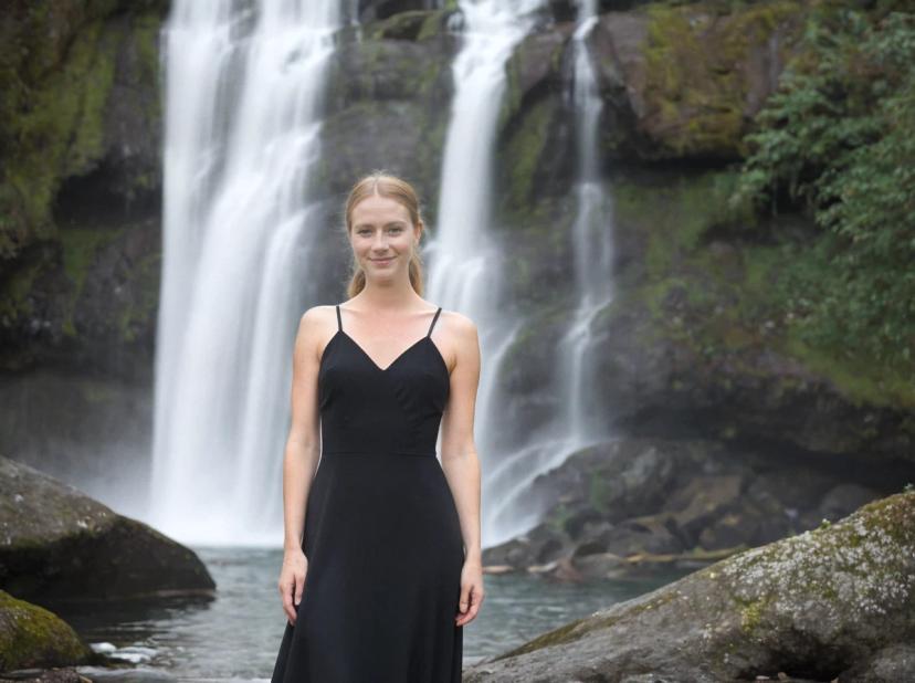 A woman in a black dress standing in front of a cascading waterfall surrounded by rocks and greenery.