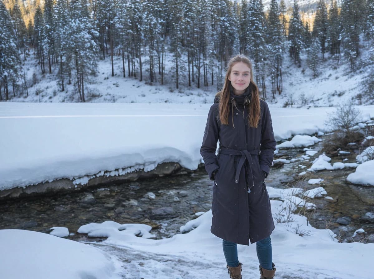 A woman in a winter coat and jeans stands on snowy ground near a partially frozen stream with snowy banks, in front of a forest of pine trees dusted with snow, with the glow of a setting or rising sun touching the treetops in the background.