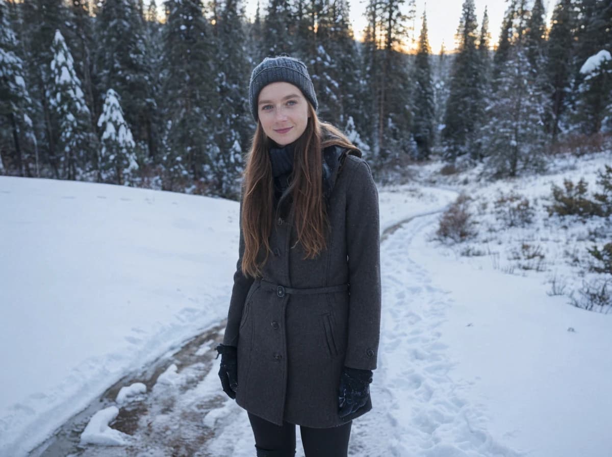 A woman wearing a gray coat, knit hat, and gloves standing on a snowy path in a wintry forest landscape with snow-covered trees and a soft glow of sunset in the background.