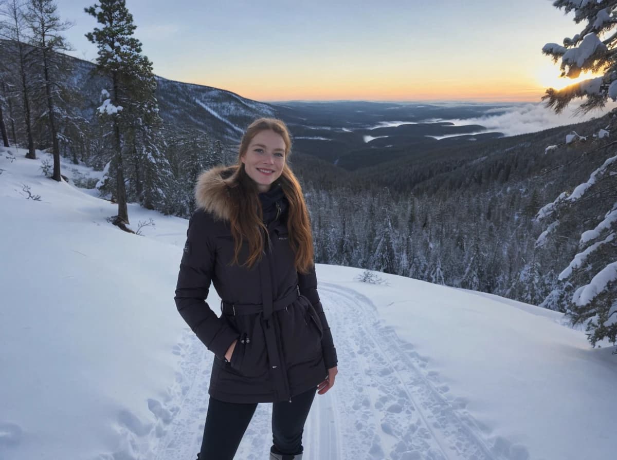 A woman standing in a snowy landscape with pine trees and a view of a sunset over distant hills. The foreground shows ski tracks and the person is wearing winter clothing with a fur-lined hood.