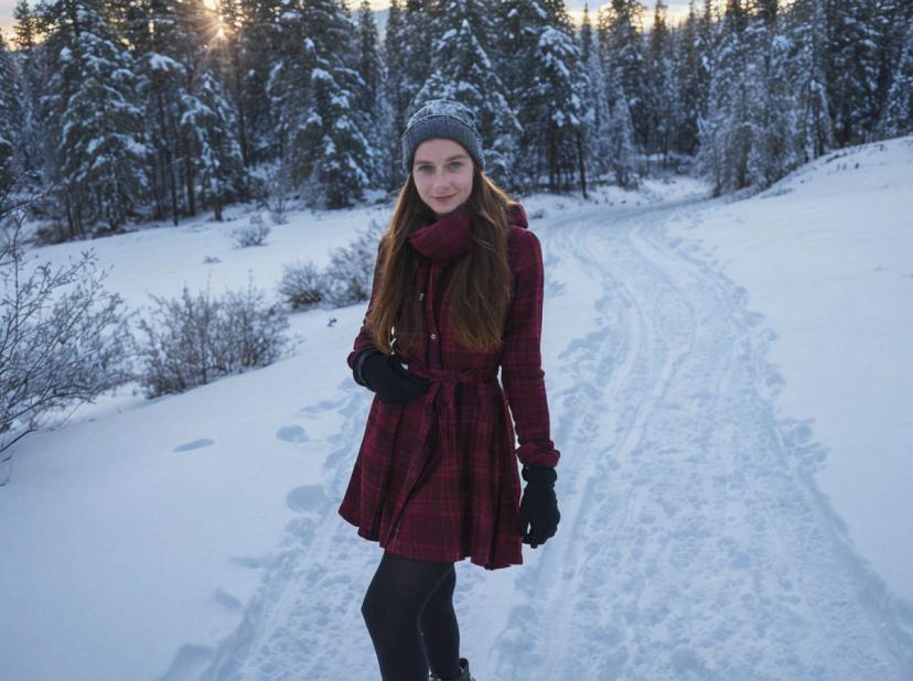 A woman standing in a snowy landscape with a path of footprints leading off into the distance, surrounded by snow-covered trees, wearing a red plaid dress, black gloves, and a gray beanie hat, with the sun low in the sky among the trees.