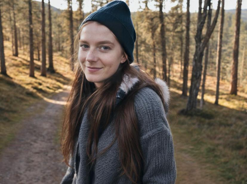 A woman in a gray knit sweater and dark beanie standing on a forest trail with tall pine trees and sunlit grass.