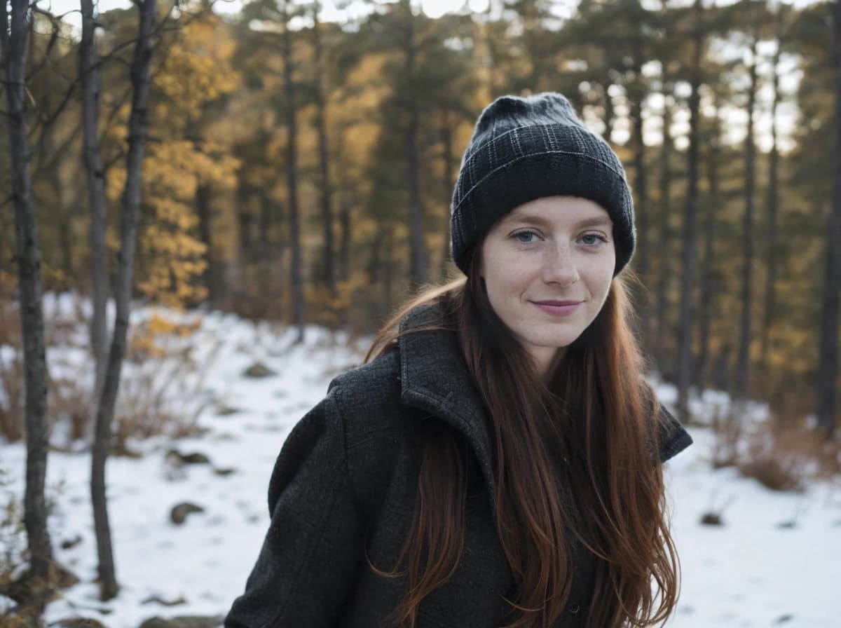 A woman in a dark coat and knit hat standing in a snowy forest.