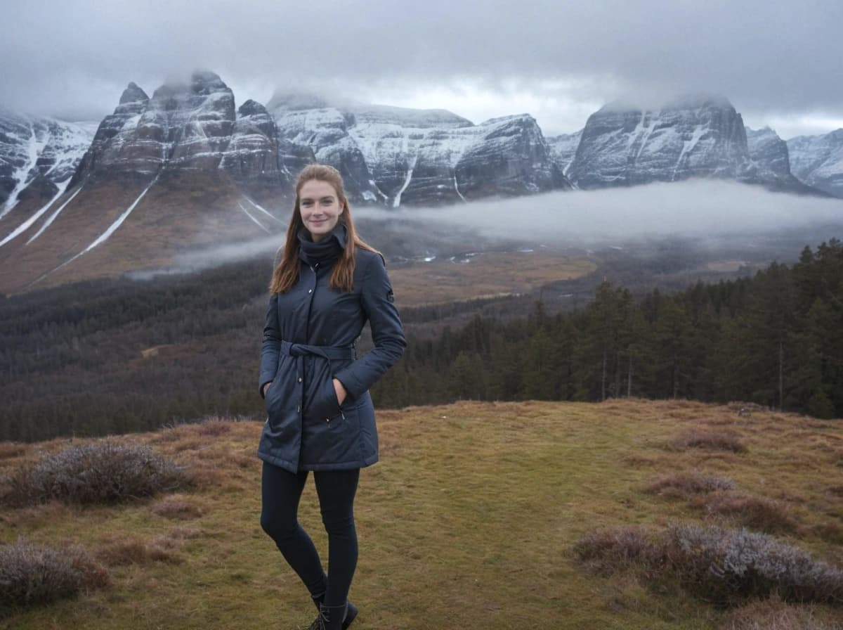 A woman standing in a grassy field with majestic snow-capped mountains in the background under a cloudy sky.