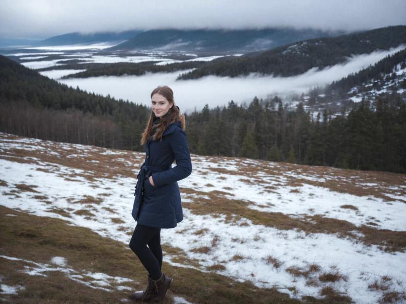 A woman in a blue coat and brown boots stands on a patchy snow-covered hillside with a view of a misty forested valley and mountains in the distance. The sky is overcast, suggesting a cold, wintry day.