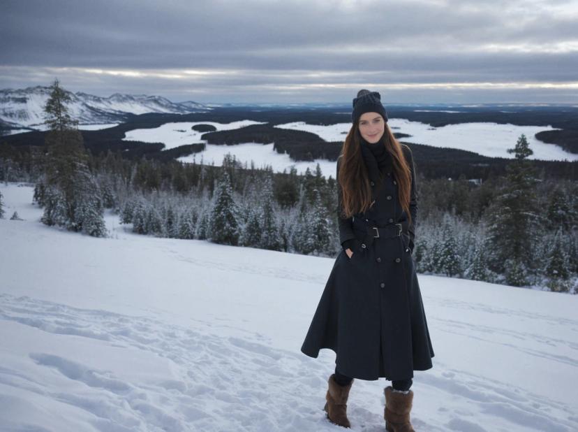 A woman in a dark coat and boots stands on a snow-covered ground with a backdrop of a wintry landscape featuring forests and snow-blanketed fields, with mountains in the distance under a cloudy sky.