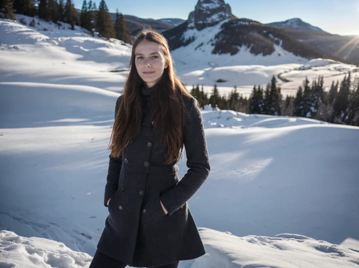 A woman standing in a snowy landscape with mountains in the background, wearing a dark coat. The sun shines from the edge of the frame, casting shadows on the snow-covered ground.