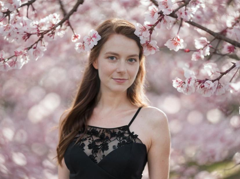 A woman with long hair wearing a black dress with lace detail standing amidst blooming cherry blossoms.