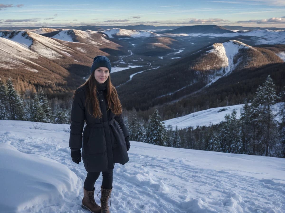 A woman in winter clothing stands on a snowy hill with a scenic view of snow-covered mountains and trees in the background under a clear sky.