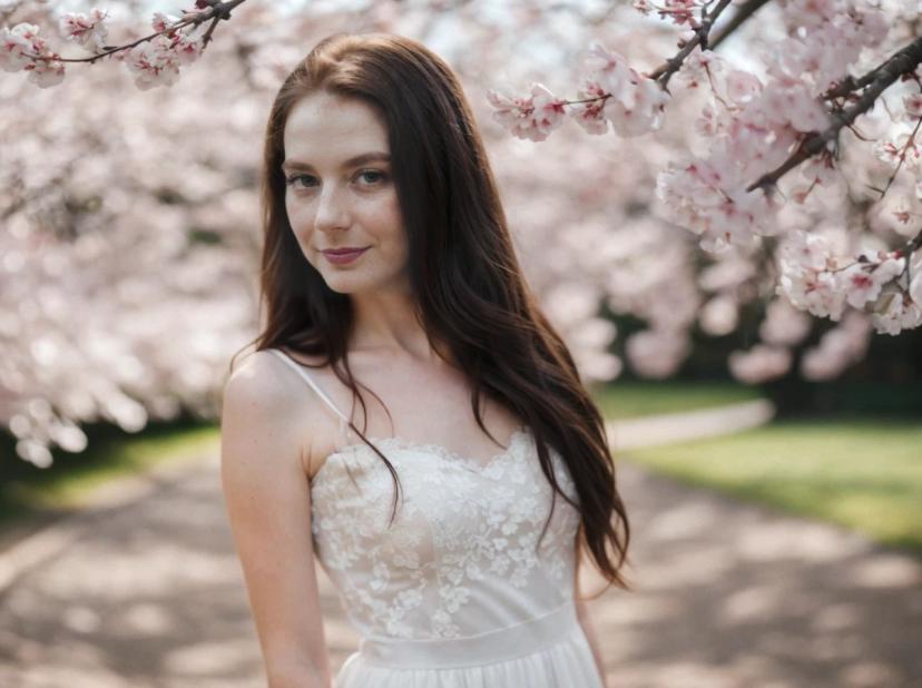 A woman with long brown hair wearing a white lace dress standing under cherry blossom trees in bloom.