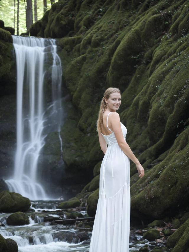 A woman in a white dress standing in front of a waterfall, surrounded by green moss-covered rocks and trees.
