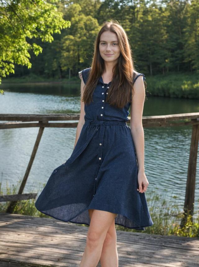 Woman in a blue denim dress standing on a wooden pier by a lake surrounded by green trees.