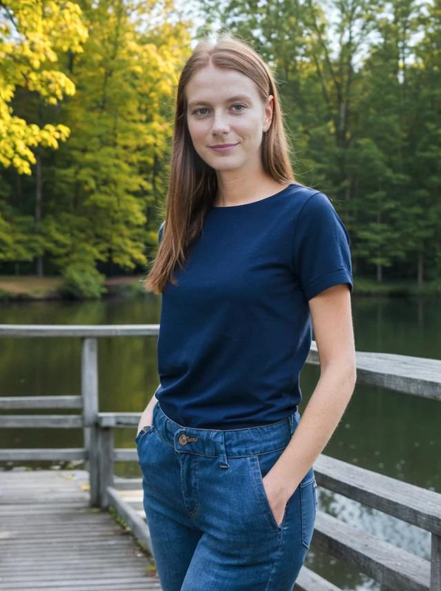 A woman in a dark blue t-shirt and blue jeans standing on a wooden bridge with her hand in her pocket, with a background of trees with green and yellow leaves and a calm lake.