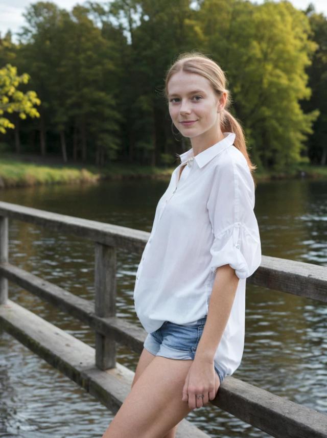 A woman wearing a white shirt and blue denim shorts leaning on a wooden railing with a scenic view of a pond and trees in the background.