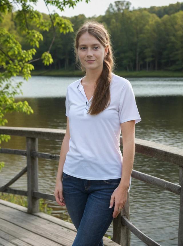 A woman standing on a wooden jetty by a lake, wearing a white polo shirt and blue jeans, with trees in the background.