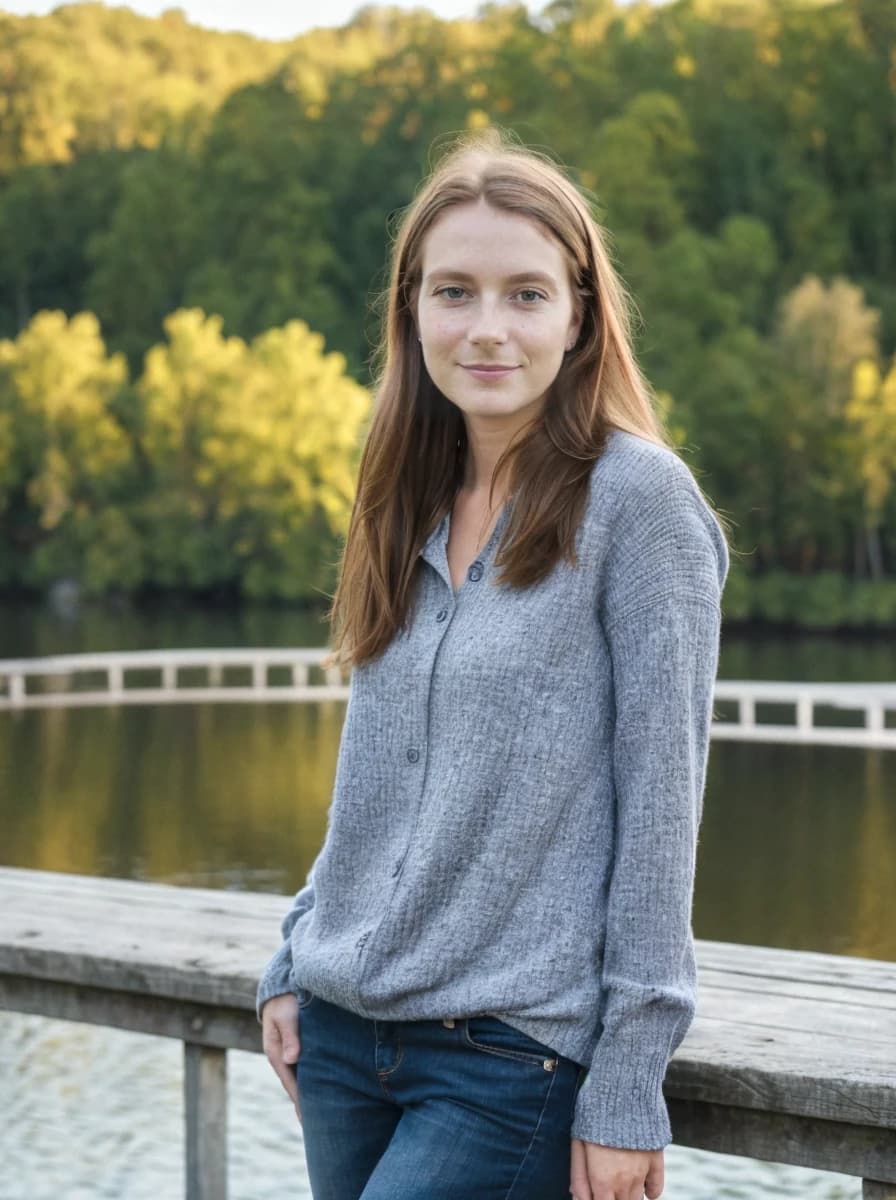 A woman with long hair wearing a gray sweater and blue jeans is leaning on a wooden railing by a calm lake surrounded by lush green trees. The setting appears to be during late afternoon with soft sunlight illuminating the tree tops in the background.