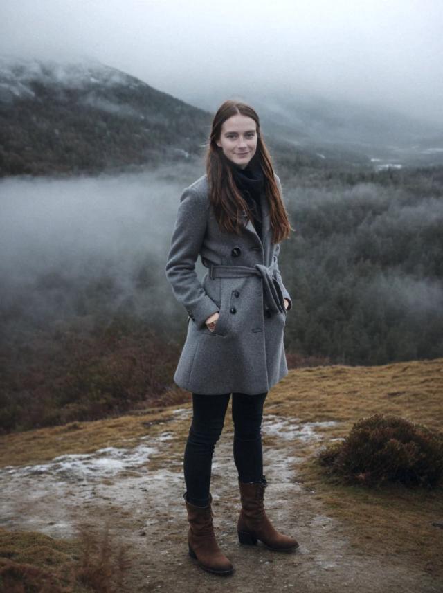 A woman standing in a misty mountainous landscape wearing a gray coat, black pants, and brown boots.