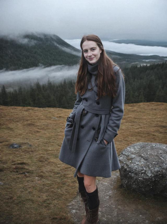A woman standing in a mountainous landscape wearing a gray coat and boots, with a camera hanging on their side, with misty mountains and forests in the background.