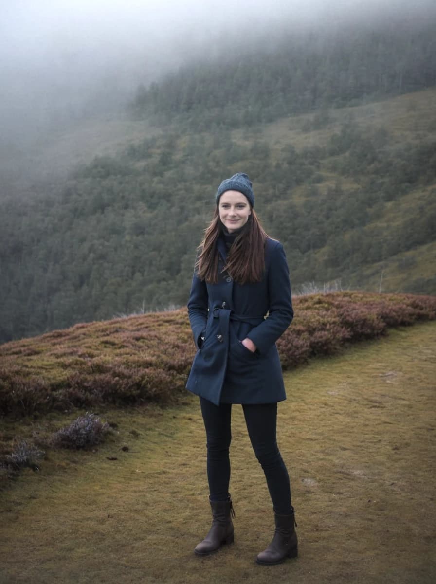 A woman standing in a field with heather and grass, wearing a dark blue coat, black pants, brown boots, and a gray knitted hat. Misty forested hills are visible in the background.