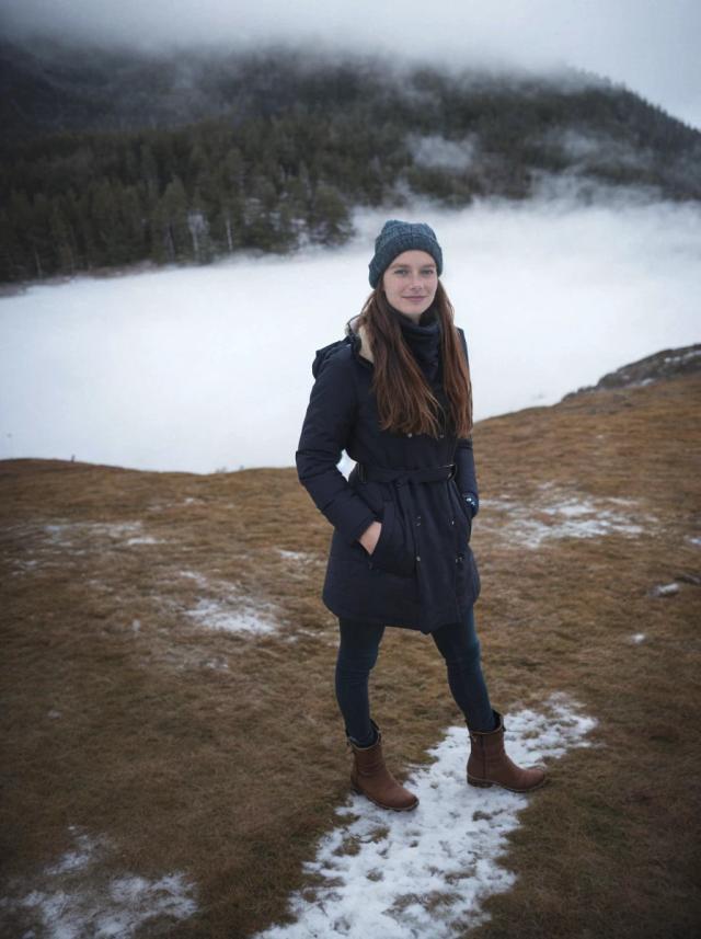 A woman in winter clothing, including a beanie and a coat, stands on patchy snow-covered ground with a backdrop of a misty forested mountain.