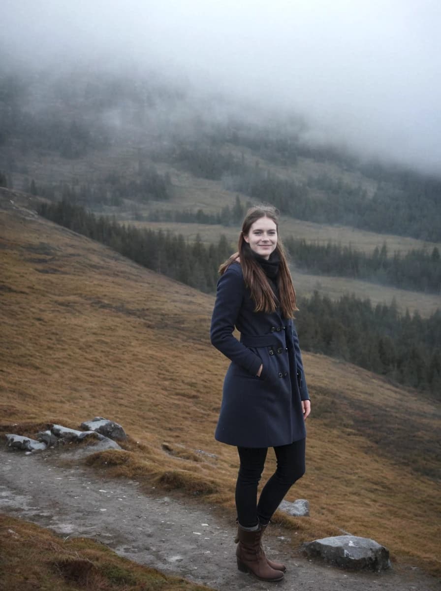 A woman standing on a grassy hillside with a dense fog covering the forested mountain in the background. She is wearing a navy blue coat, dark pants, and brown boots.