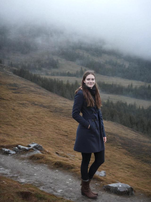 A woman standing on a grassy hillside with a dense fog covering the forested mountain in the background. She is wearing a navy blue coat, dark pants, and brown boots.