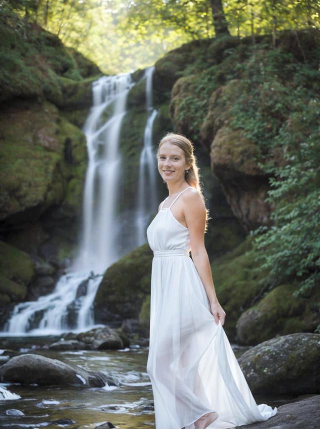 A woman in a white dress stands in front of a cascading waterfall surrounded by lush greenery. The water flows down over moss-covered rocks, and the sunlight filters through the leaves, creating a serene and natural setting.