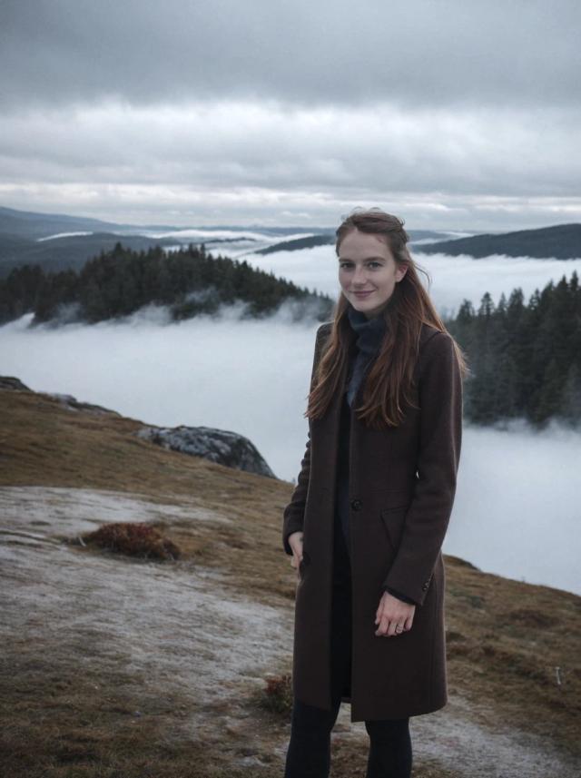 A woman wearing a brown coat stands on a hill with a misty, forest-covered landscape stretching into the distance under a cloudy sky.