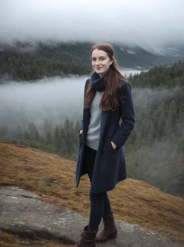 A woman standing in a mountainous landscape with hands partially tucked into the pockets of a long blue coat. She is wearing a gray sweater, dark pants, and brown lace-up boots. The background shows misty, forest-covered hills and a glimpse of a river far in the valley, with overcast skies above.