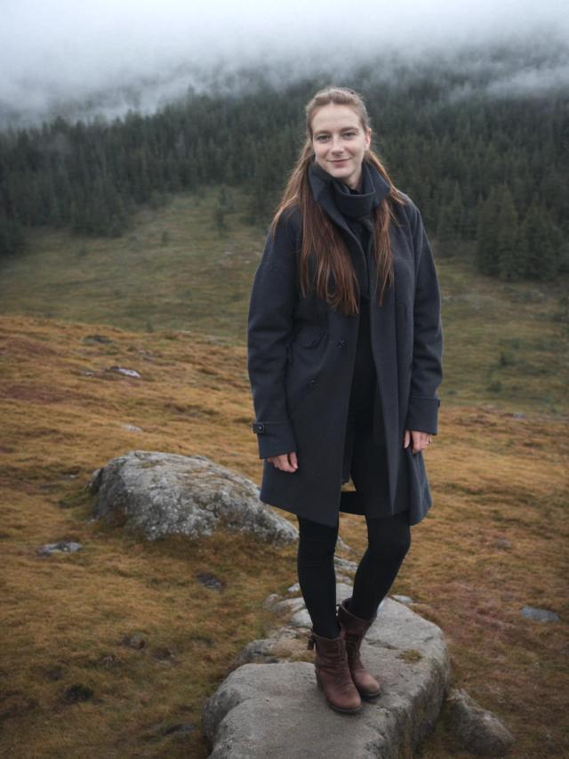 A woman standing on a large rock wearing a dark coat, scarf, leggings, and brown boots with hands tucked in the coat pockets, with a backdrop of a misty forest-covered hillside.