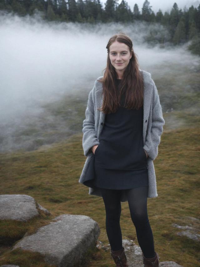 A woman standing on a rocky ground with hands in pockets wearing a dark dress, grey cardigan, black tights, and brown boots with misty forest in the background.