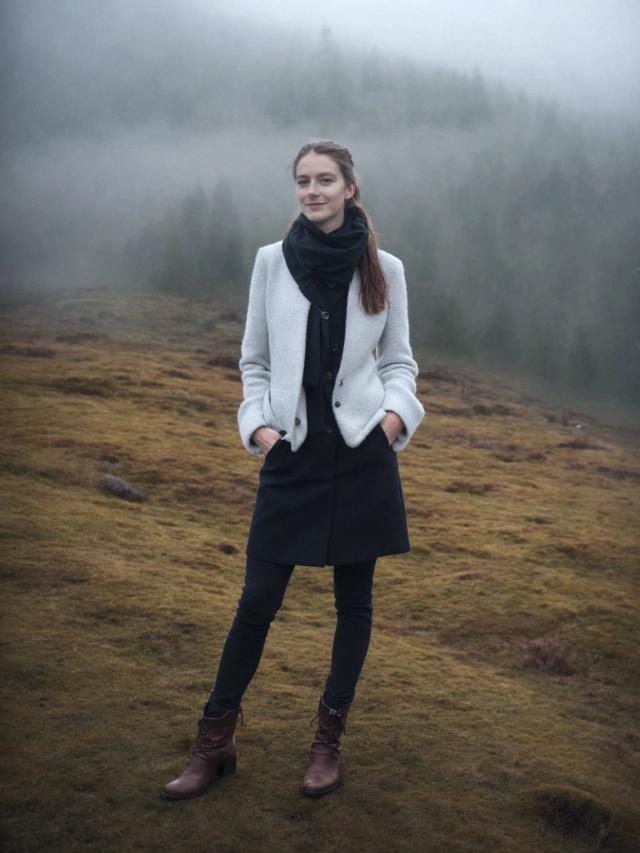 A woman standing on a grassy hill with a foggy forest in the background, wearing a white coat, black skirt, black leggings, brown lace-up boots, and a black scarf.