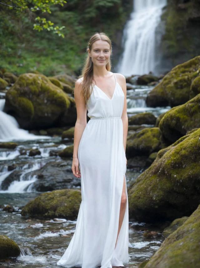 A woman in a long white dress stands on rocks in a forest with a waterfall in the background.