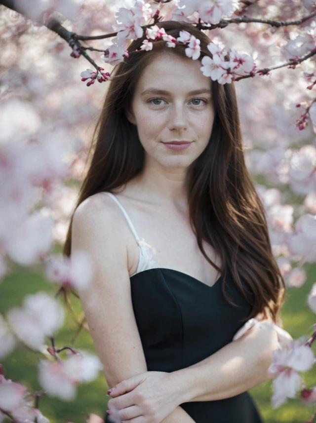 A woman with long brunette hair wearing a black dress with white strap details, standing amidst blooming pink cherry blossoms. She has her hands gently crossed in front of her.
