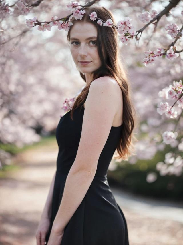 A woman with long hair wearing a sleeveless black dress stands amidst blooming pink cherry blossoms, with a clear focus on the person against a soft, bokeh background of blossoming trees.