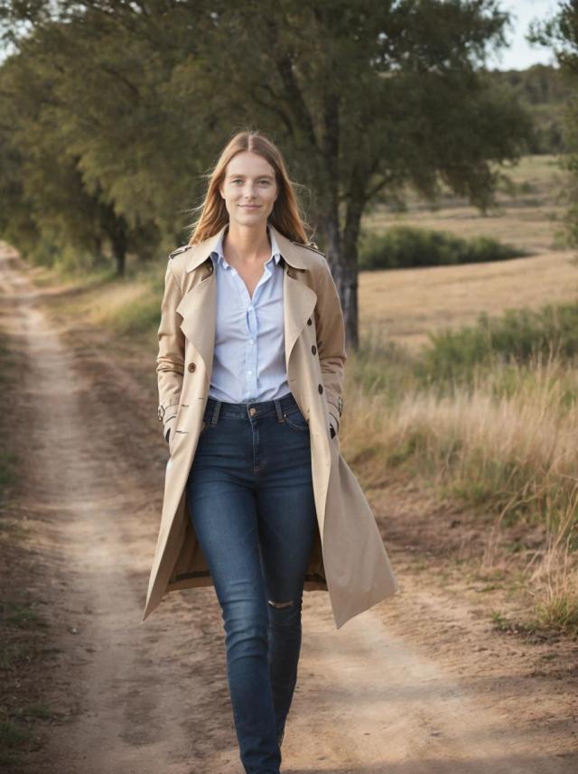 A woman is walking along a dirt path in a rural area, wearing a beige trench coat, blue jeans, and a light blue shirt. Trees line the path and a field can be seen in the background.