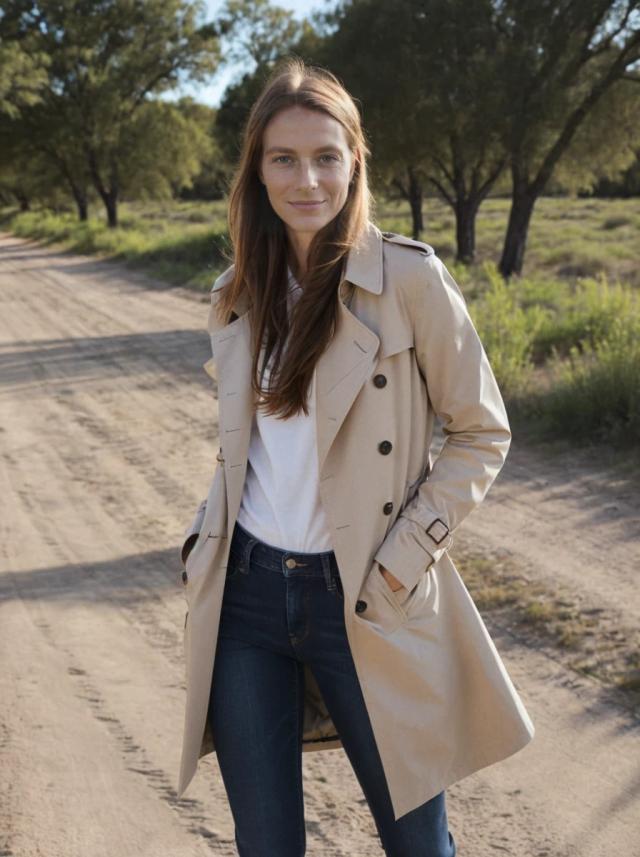 A woman standing on a dirt road with green trees in the background, wearing a beige trench coat over a white top paired with dark blue jeans.