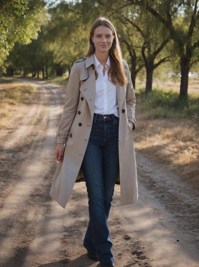 A woman wearing a beige trench coat and blue jeans walking down a dirt path with trees on both sides.