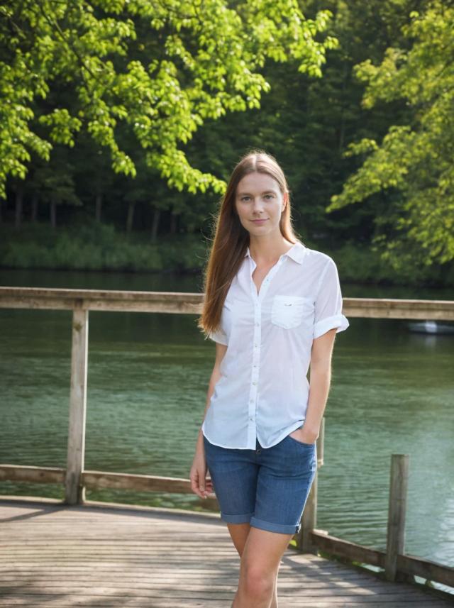 Woman in a white shirt and denim shorts standing on a wooden deck by a tranquil lake surrounded by lush green trees.