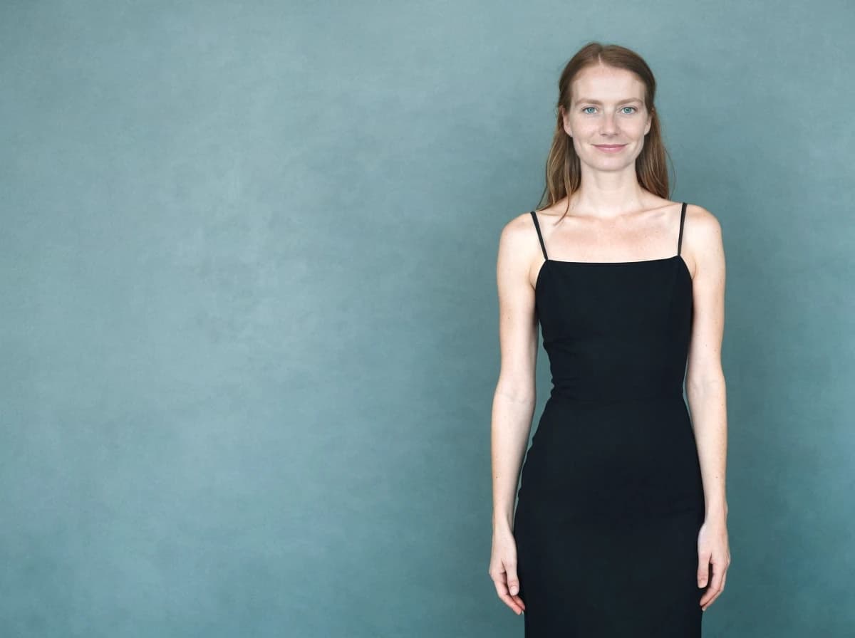 A woman wearing a black sleeveless dress stands against a textured blue-grey background.