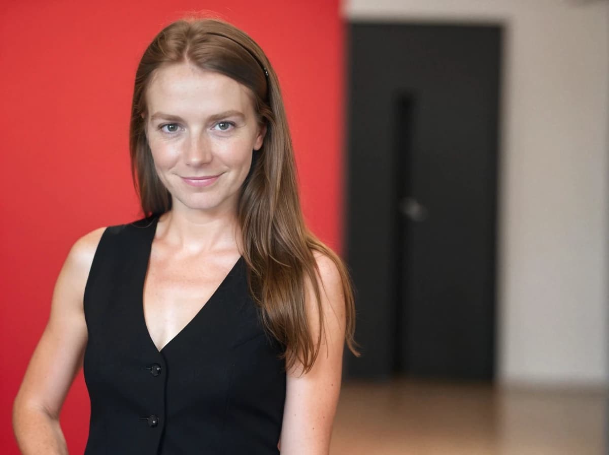 A woman with long brown hair wearing a black sleeveless dress stands against a bright red wall, with a black door in the background to the right.