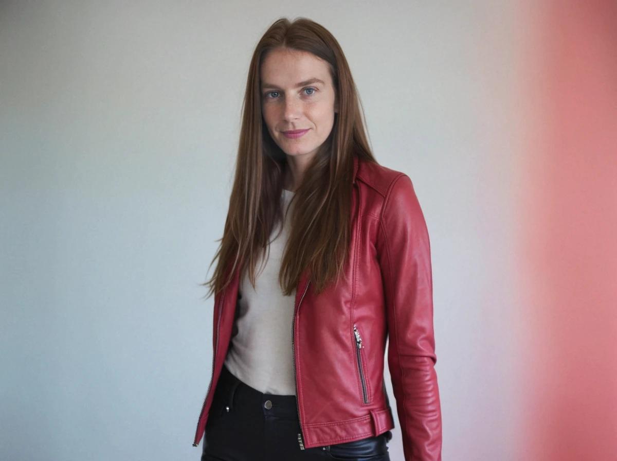 A woman with long hair wearing a red leather jacket and black bottoms standing against a white wall with a soft red light on one side.